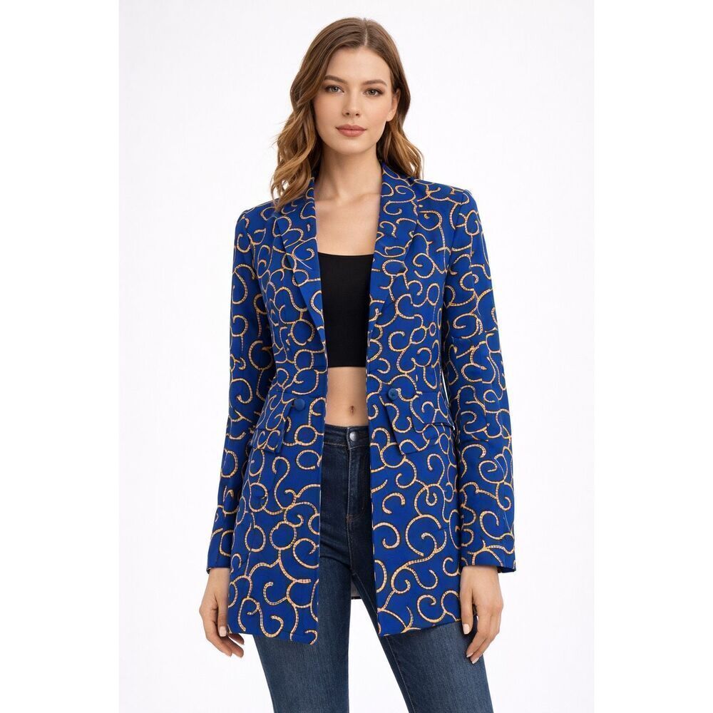 ChicMe Blue Gold Chain Print Blazer Jacket Women’s Large